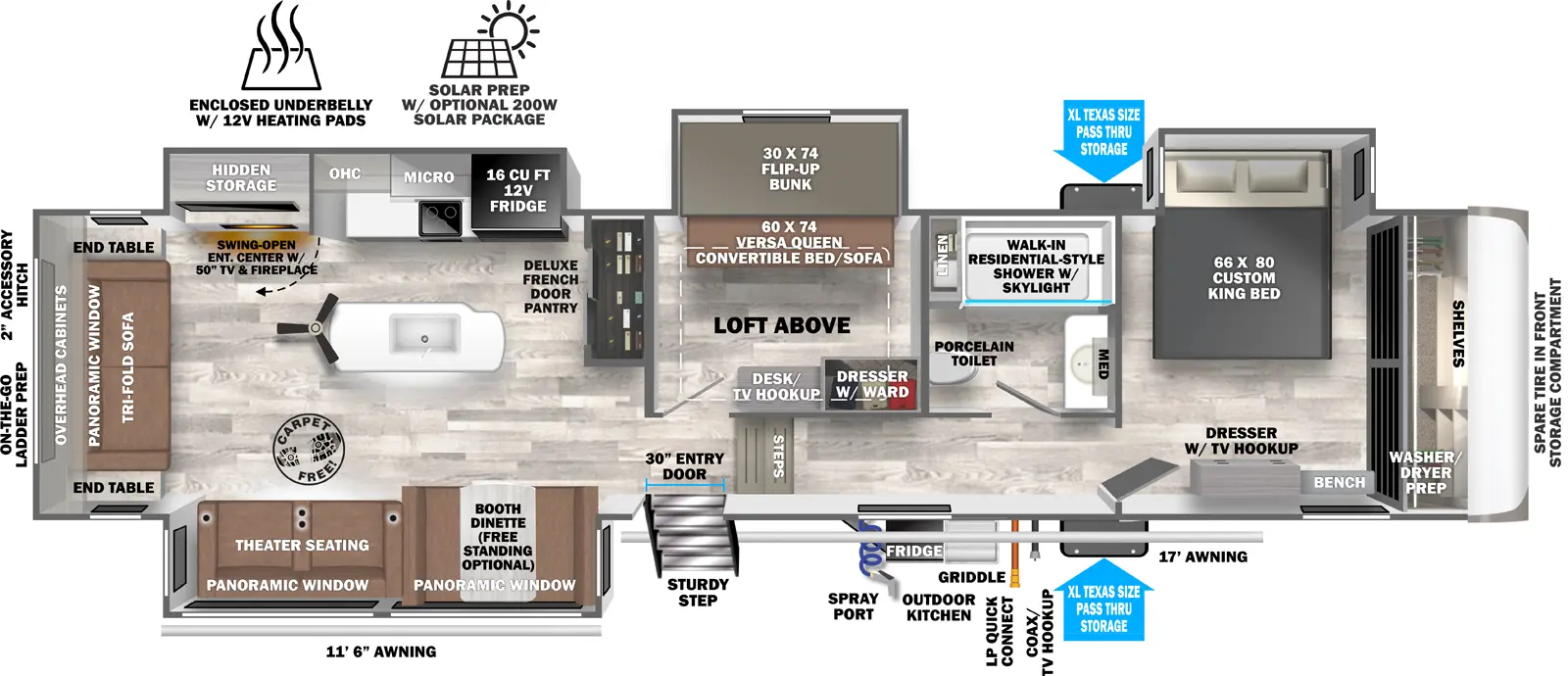 The Hemisphere Fifth Wheels 369BL has one entry and four slide outs. Exterior features include: fiberglass exterior, 11'6" & 17' awning and outside kitchen. Interiors features include: bunk beds, loft, kitchen island, free-standing dinette option, front bedroom and rear living.